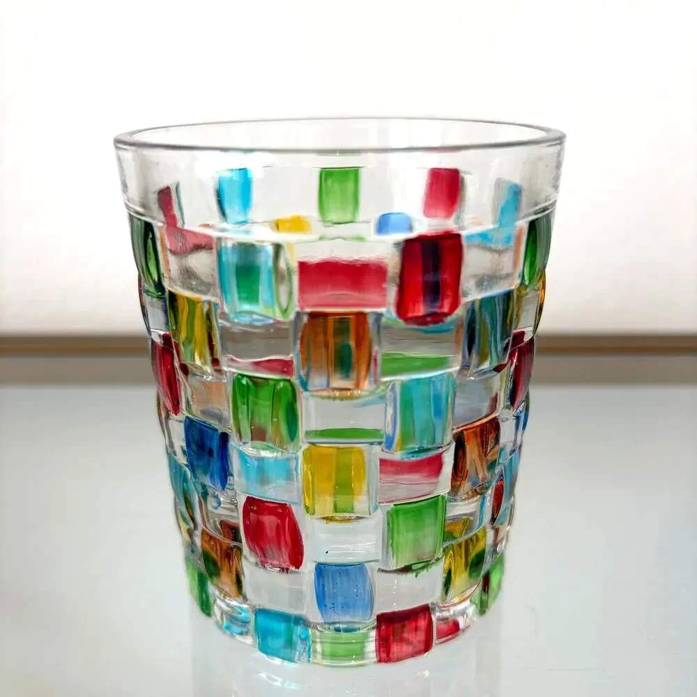 NEW Hand Painted Italian Crystal Whiskey Glasses 2pc 10oz Colorful Mosaic